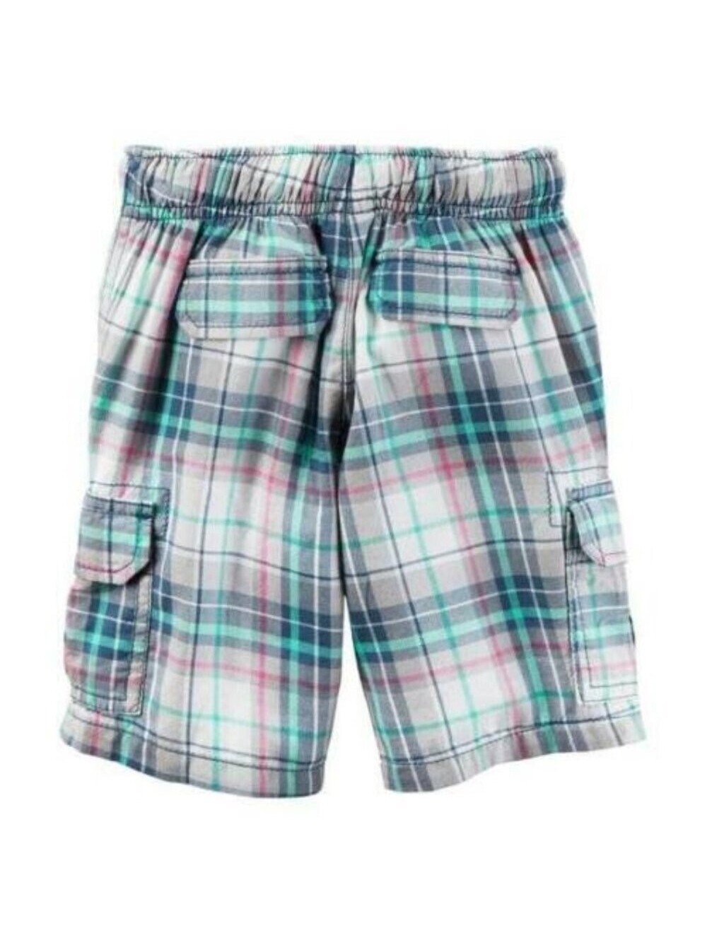 Carters Cargo Shorts Boys 8 Blue Plaid Cotton Half Elastic Waist Drawstring
